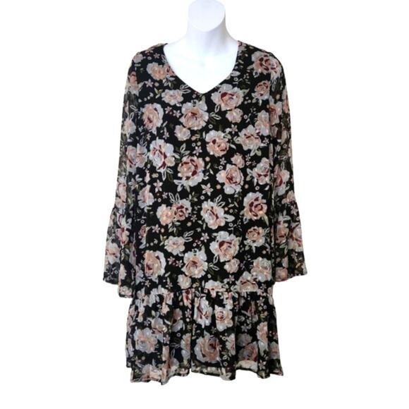 ONE HART Black Teal Floral V Neck Bell Sleeves Ruffle Hem Mini Dress Size M - Picture 13 of 13
